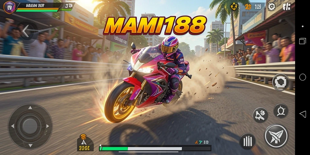 Screenshot gameplay MAMI188 menampilkan aksi balap motor yang memacu adrenalin.