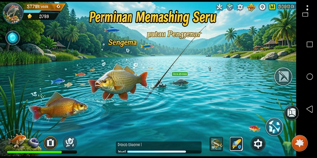 Tampilan gameplay ST789 yang menarik saat menangkap ikan di tepi danau.