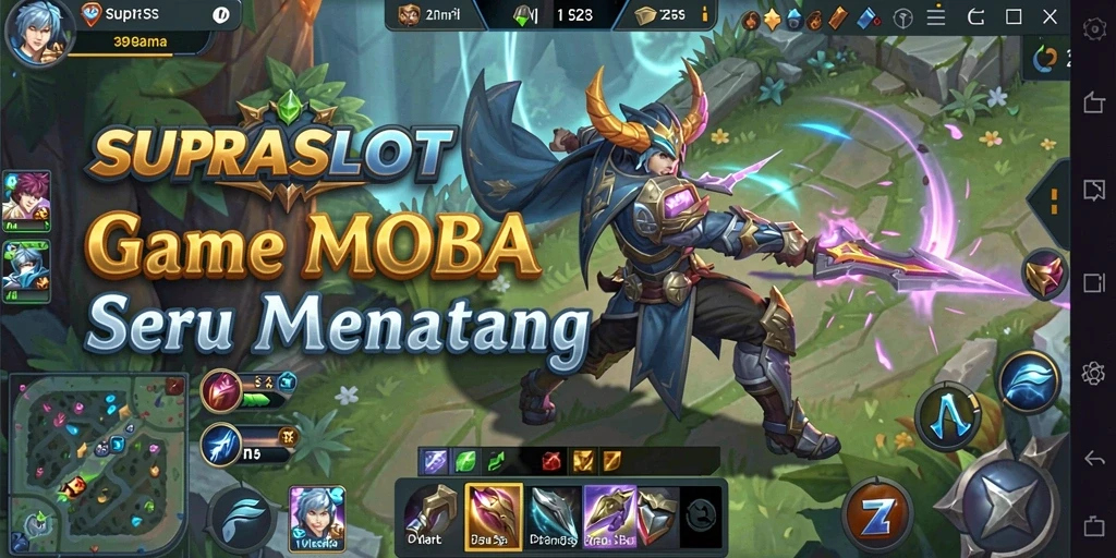 Screenshot gameplay <strong>SUPRASLOT</strong> yang menampilkan serunya pertarungan tim MOBA.